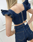 Top in denim con rouches