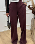Pantaloni bordeaux con risvolto in vita bianco - HaveOne