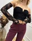 Top crop nero in pizzo con manicotti - HaveOne