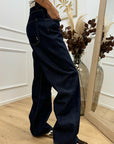 Jeans Bea vita scesa blu scuro cuciture camel - Icon Denim