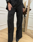 Pantaloni grigi antracite con fiori di paillettes - HaveOne