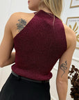 Top scollo halter vino spilla strass in lurex - Kontatto
