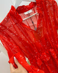 Vestito lungo rosso stampa foglie con rouches