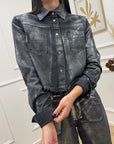 Camicia crop nera spalmata argento - HaveOne