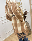 Spolverino quadri camel e panna con frange e cintura - HaveOne