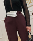 Pantaloni bordeaux con risvolto in vita bianco - HaveOne