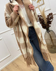 Spolverino quadri camel e panna con frange e cintura - HaveOne