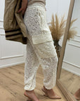 Pantaloni cargo panna in pizzo