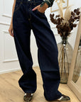 Jeans Bea vita scesa blu scuro cuciture camel - Icon Denim