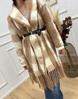 Spolverino quadri camel e panna con frange e cintura - HaveOne