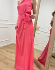 Vestito corallo monospalla smanicato con fusciacca