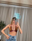 Top triangolo crochet malva, ocra e lurex