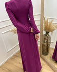 Vestito magenta scollo a cuore lungo in georgette