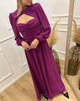 Vestito magenta scollo a cuore lungo in georgette