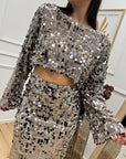 Top tulle grigio con maxi paillettes argento - HaveOne