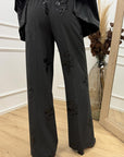 Pantaloni grigi antracite con fiori di paillettes - HaveOne