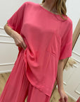 T shirt oversize corallo con tasca