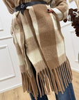 Spolverino quadri camel e panna con frange e cintura - HaveOne