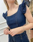 Top in denim con rouches