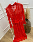 Vestito lungo rosso stampa foglie con rouches