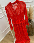 Vestito lungo rosso stampa foglie con rouches