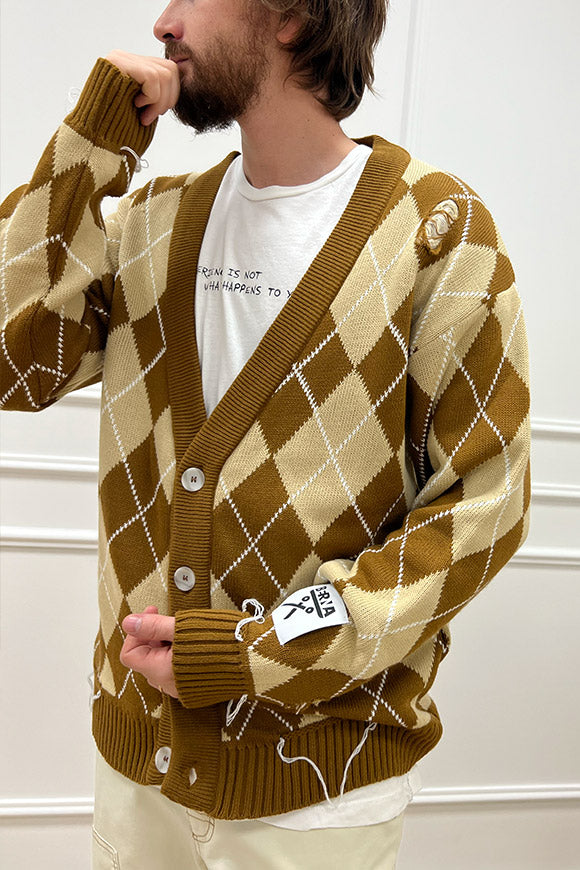 Cardigan cammello a rombi in maglia - Main Image
