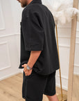 Set coordinato nero camicia e shorts misto lino - Nut