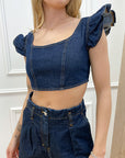 Top in denim con rouches