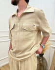 Camicia beige con tasche in misto lino