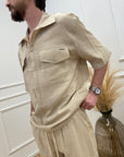 Camicia beige con tasche in misto lino