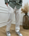 Pantaloni bianchi straight fit misto lino e cotone