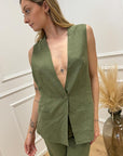 Gilet monopetto militare in misto lino