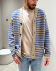 Cardigan rigato celeste in misto cotone