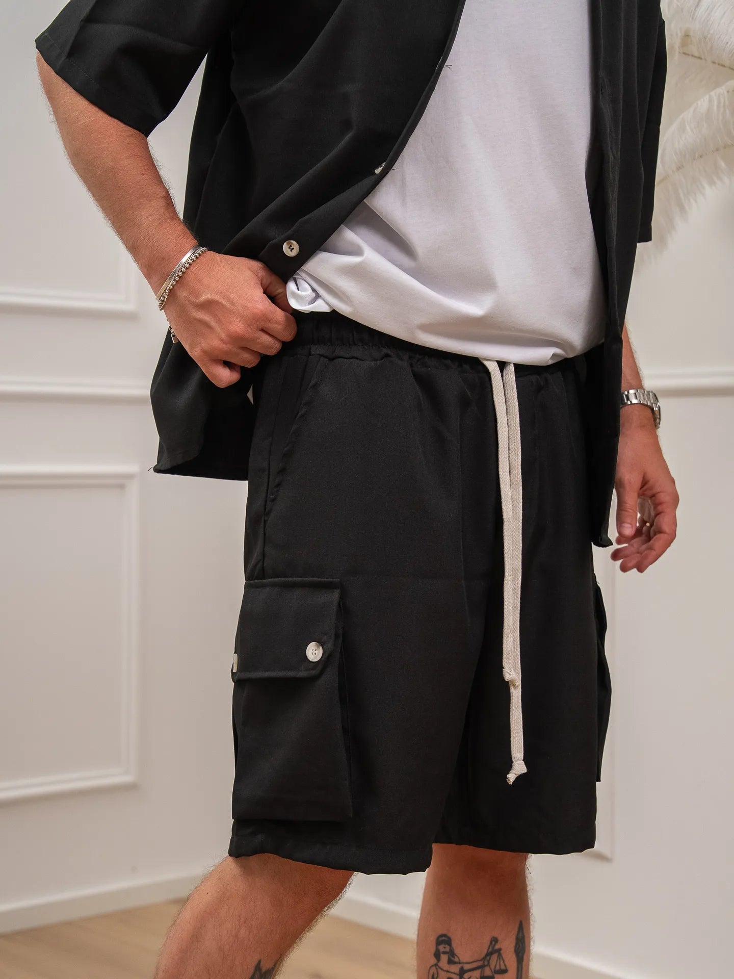 Set coordinato nero camicia e bermuda cargo - Nut