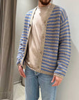 Cardigan rigato celeste in misto cotone